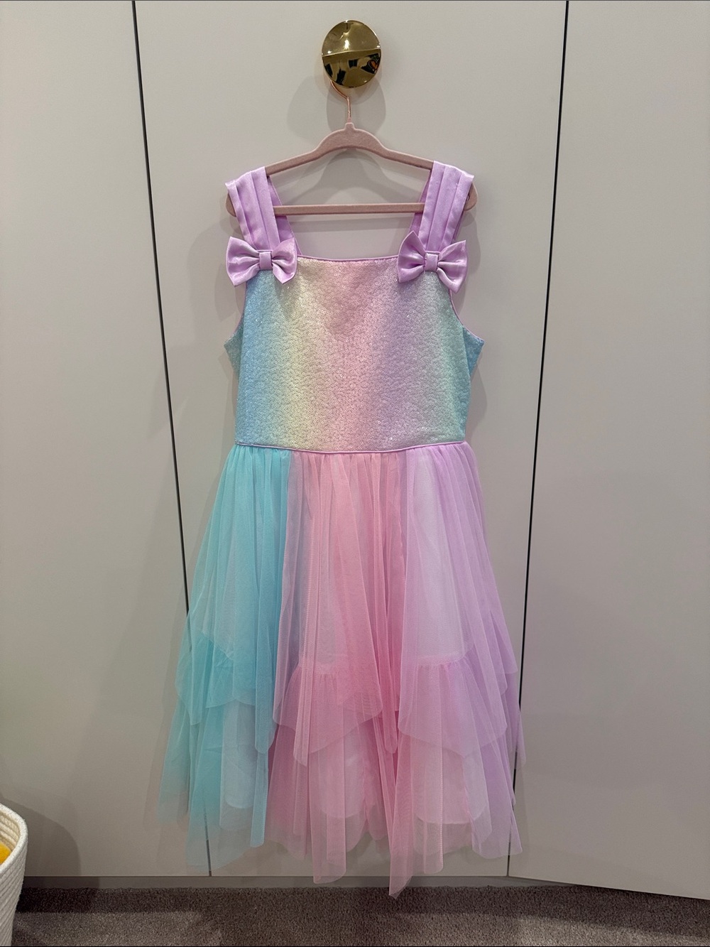Jona Michelle Pastel Rainbow Tulle Dress with Bow Straps